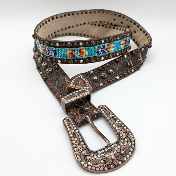 RODS Brown Blue Beaded Rhinestone Leather Belt XL - Picture 1 of 9